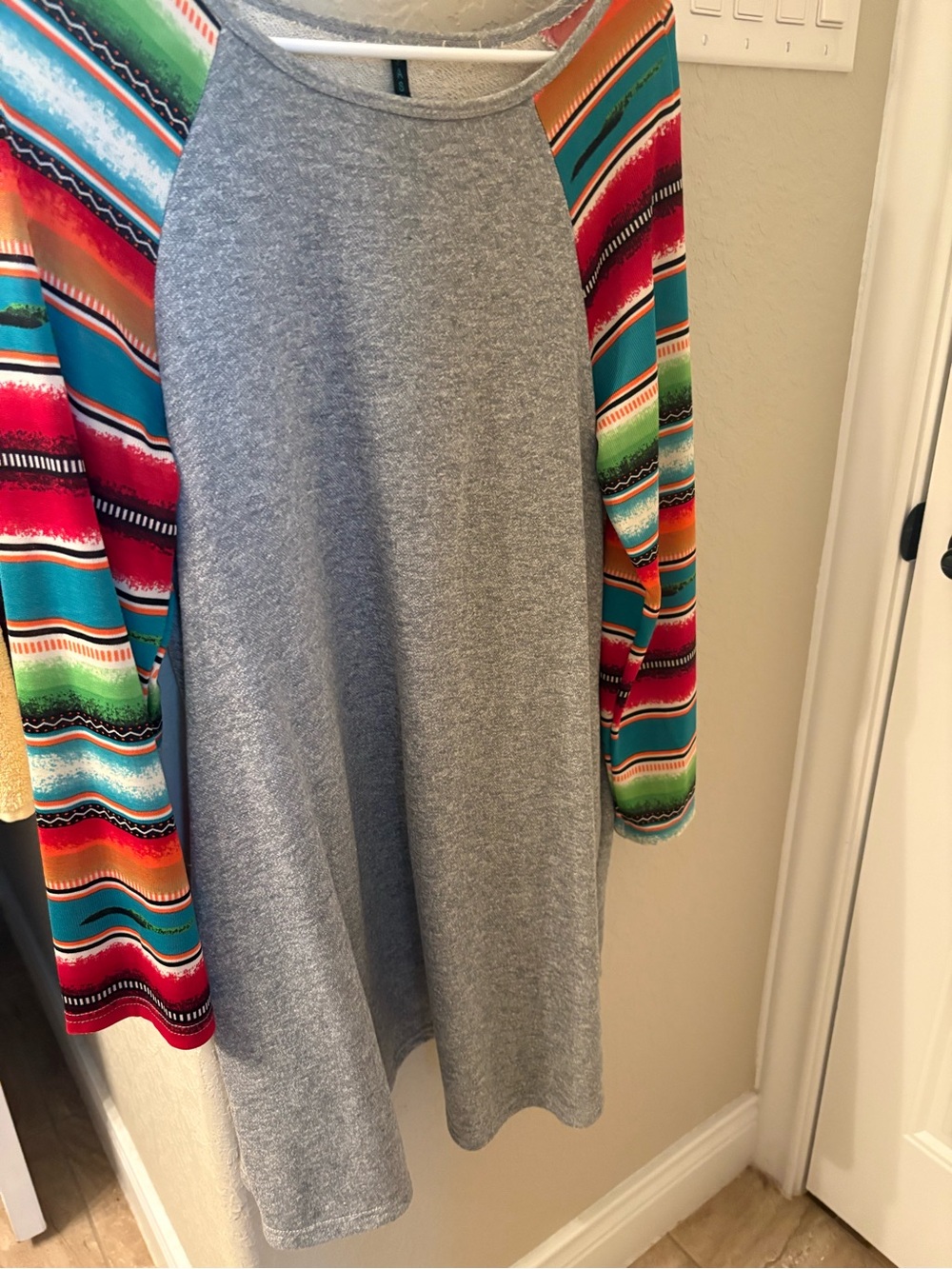 Grey Raglan Dress with Colorful Serape-Style Sleeves